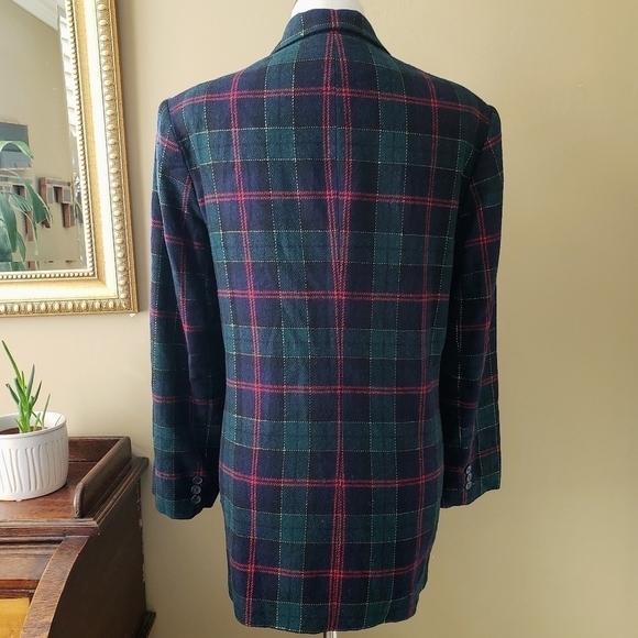 Vintage White Stag Tartan Plaid Blazer Blue, Green, Red, Gold Single Button - Picture 4 of 6